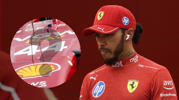 In a composite picture Lewis Hamilton looks at an inset of his No. 44