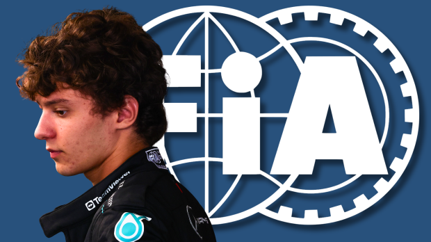 Antonelli's side profile in Mercedes race suit with blue background and white FIA logo — Photo: © IMAGO