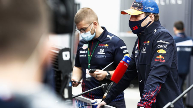 Max Verstappen at Zandvoort talking to the press
