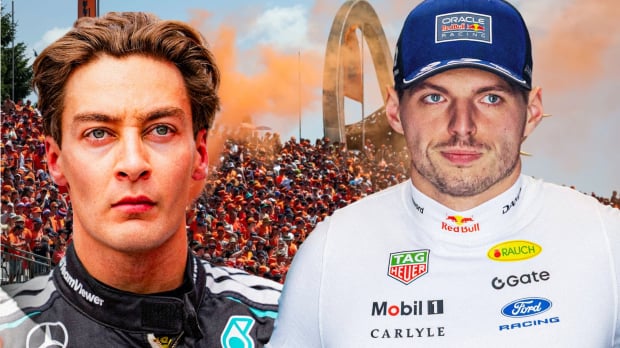 Russell and Verstappen looking annoyed with orange army background in Austria — Photo: © IMAGO