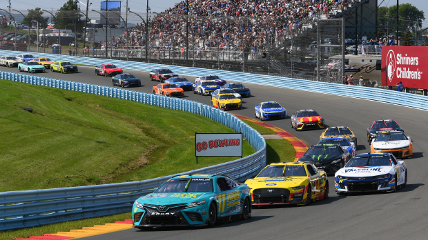 Denny Hamlin leading a NASCAR Cup Series race at Watkins Glen