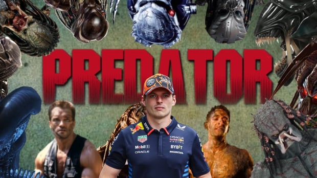 Max Verstappen in front of the Predator movie poster
