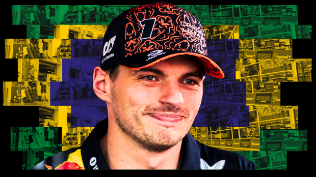 Smiling Max Verstappen in Red Bull team kit with a Brazilian-flag themed paddock background