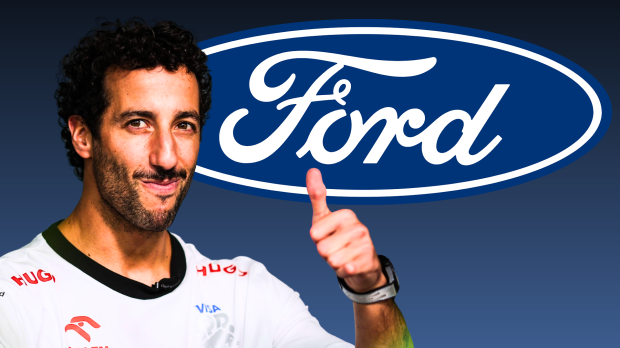 Ricciardo giving a thumbs up with blue Ford logo behind and gradient blue background