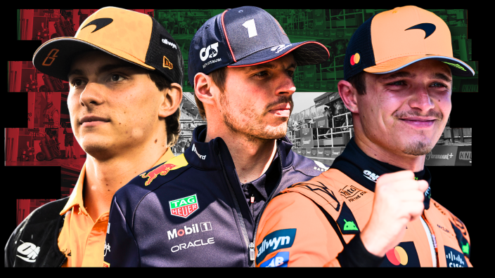 Max Verstappen, Lando Norris and Oscar Piastri edited onto a background of the UAE flag