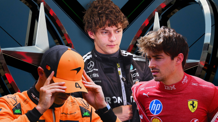 A Mercedes logo background with Norris, Antonelli and Leclerc edited in front of it