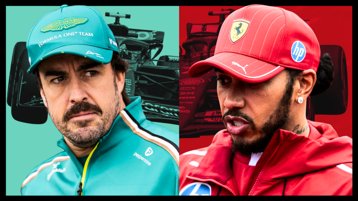 A composite image split down the middle with Alonso in Aston Martin green with a green background on the left and Hamilton in Ferrari red with a red background on the right. Both are serious headshots with their cars behind them