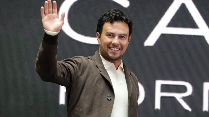 Sergio Perez waving to the crowd at the Cadillac launch in Mexico City