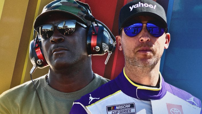 A composite image of 23XI co-owners Denny Hamlin and Michael Jordan