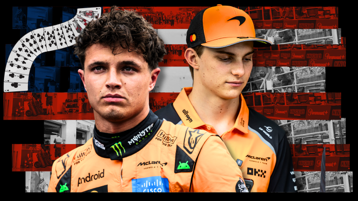 McLaren's Piastri and Norris with concerned expressions in front of an edited US-flag backdrop