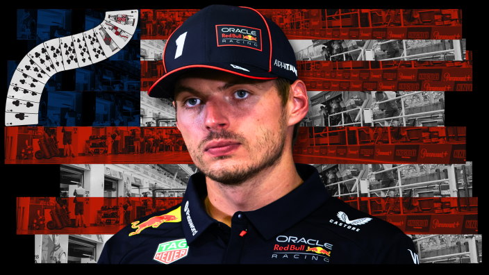 Vegas-themed USA flag background with playing cards and Verstappen looking grumpy
