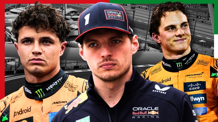 Max Verstappen, Lando Norris and Oscar Piastri look on with an Abu Dhabi track behind them