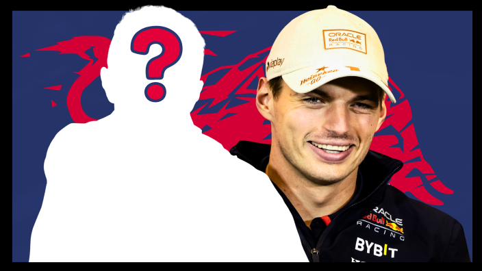 Max Verstappen smiling with the silhouette of a mystery driver next to him Red Bull logo in the background 