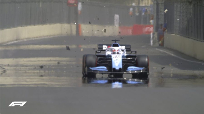 Russell's Williams shredded by Baku drain cover, FP1 cancelled