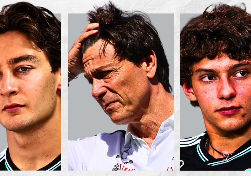 toto wolff, george russell, kimi antonelli, mercedes, graphic