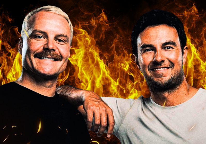 Bottas and Perez in plain t-shirts with orange flame background edited behind