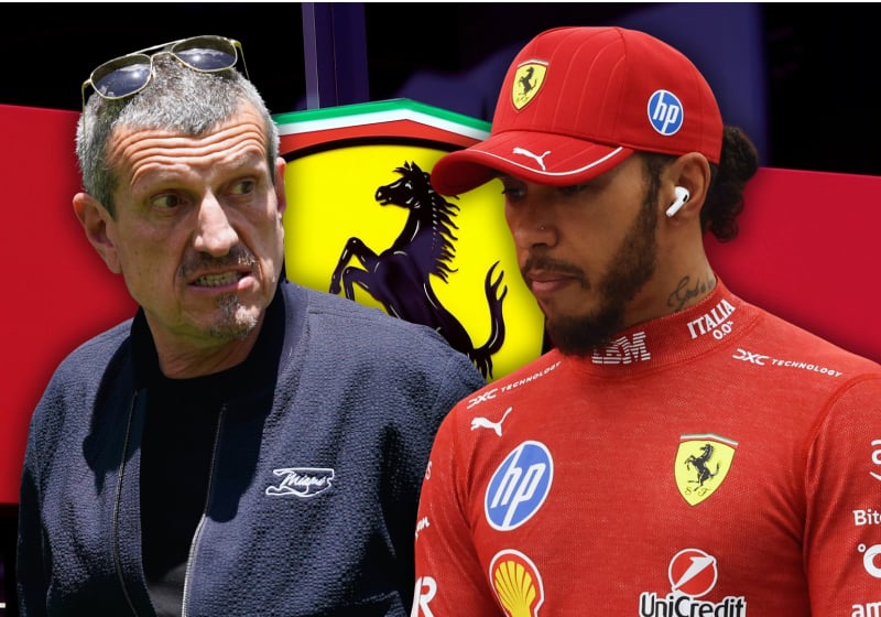 Composite image of Guenther Steiner and Lewis Hamilton in front of Ferrari logo