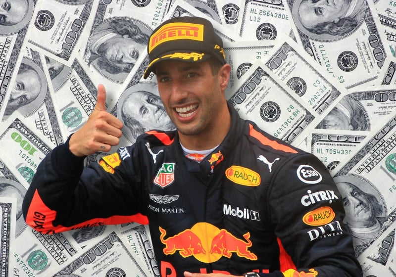 Daniel Ricciardo is pictured with his thumbs up to a backdrop of cash in a composite
