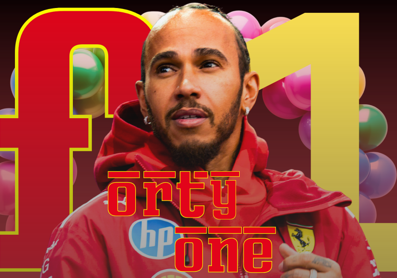 Hamilton in Ferrari kit with balloon background and 'forty one' text graphic
