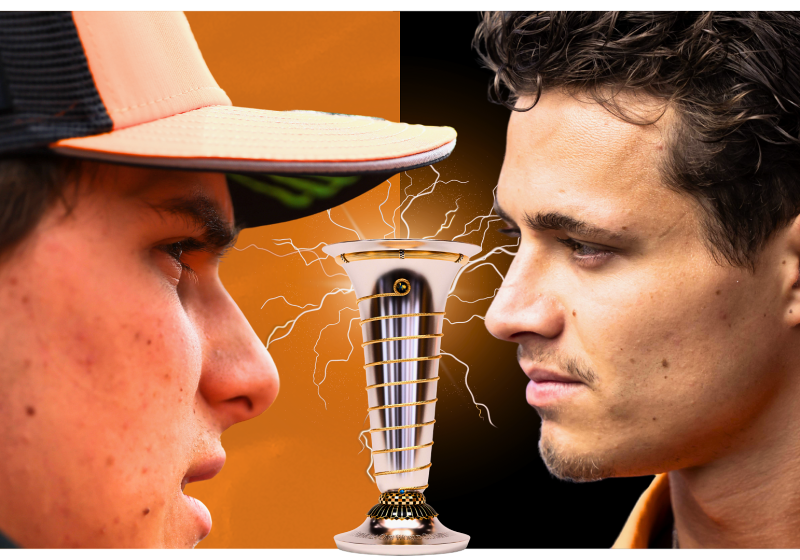 Oscar Piastri and Lando Norris face off with the F1 drivers' trophy between them