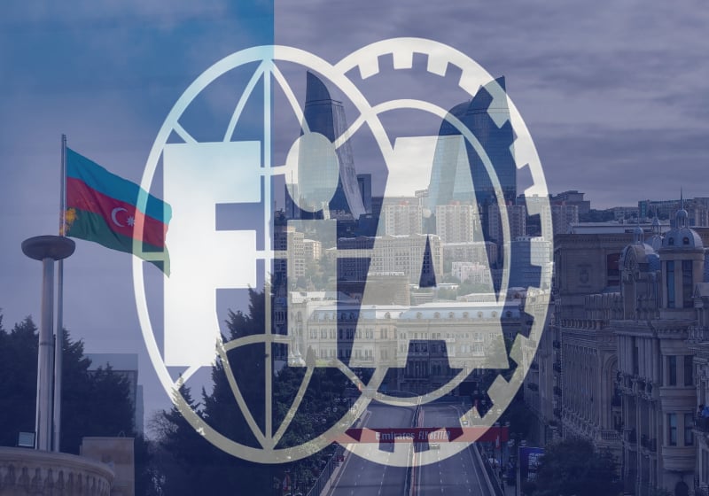 The F1 Baku race track in Azerbaijan has a semi-transparent FIA flag in front of it