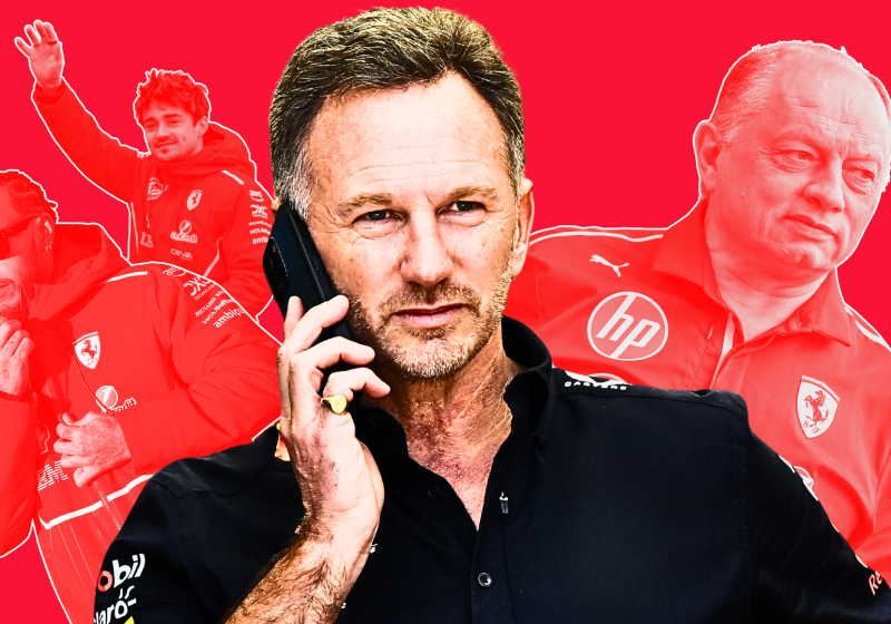 christian horner, fred vasseur, lewis hamilton, charles leclerc, ferrari, graphic