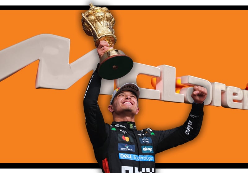Composite image of Lando Norris celebrating with a trophy in front of McLaren logo
