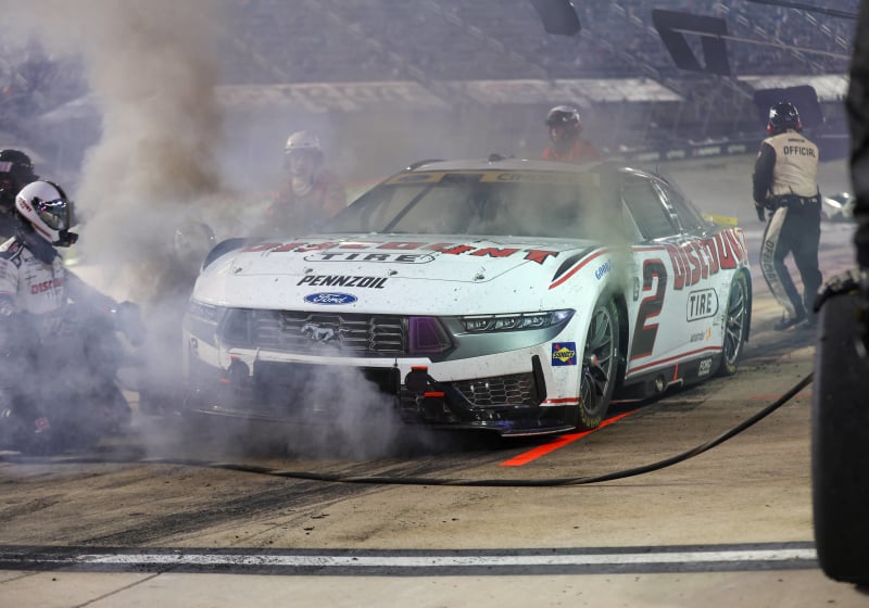 An image of Austin Cindric's No. 2 Team Penske Ford on fire at Bristol Motor Spedway