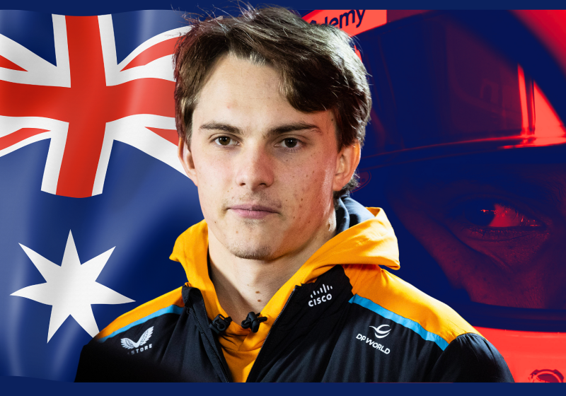 Piastri with a smug expression in front of an Australian flag-themed background merged with a helmet close up of his eyes behind the visor