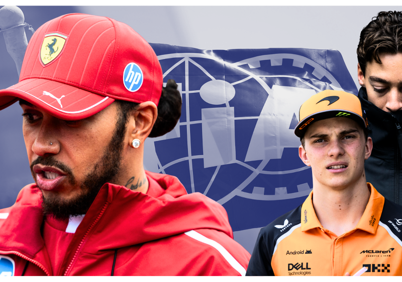 Lewis Hamilton, Oscar Piastri and George Russell look concerned in front of an FIA flag