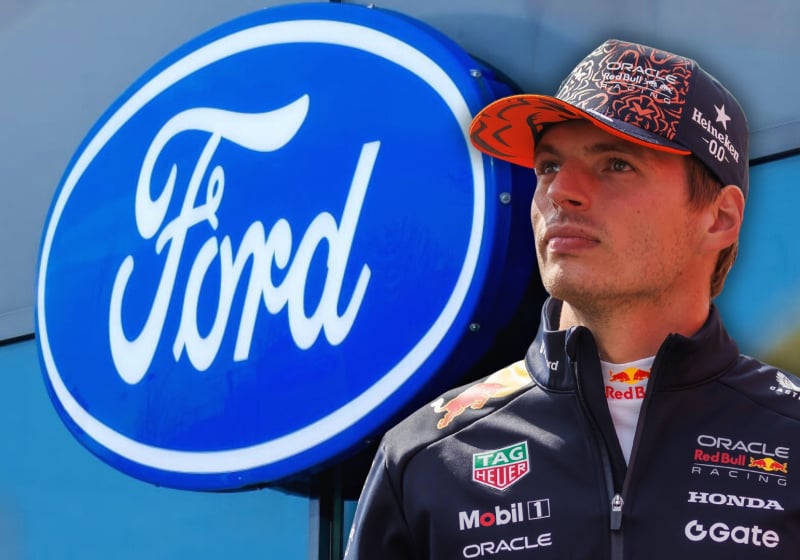 Verstappen in Red Bull F1 teamwear looking up at edited background of Ford blue oval logo