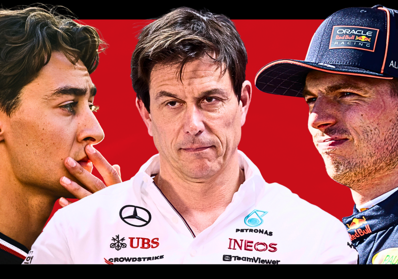 Toto Wolff, Max Verstappen, George Russell