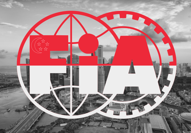 Graphic of the FIA flag in the Singapore colours with black and white street background