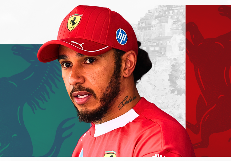 Composite of Lewis Hamilton in Ferrari kit in front of the colours of the Italian flag