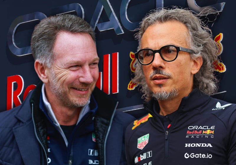 Christian Horner laughing in front of a Red Bull logo alongside a worried looking Laurent Mekies