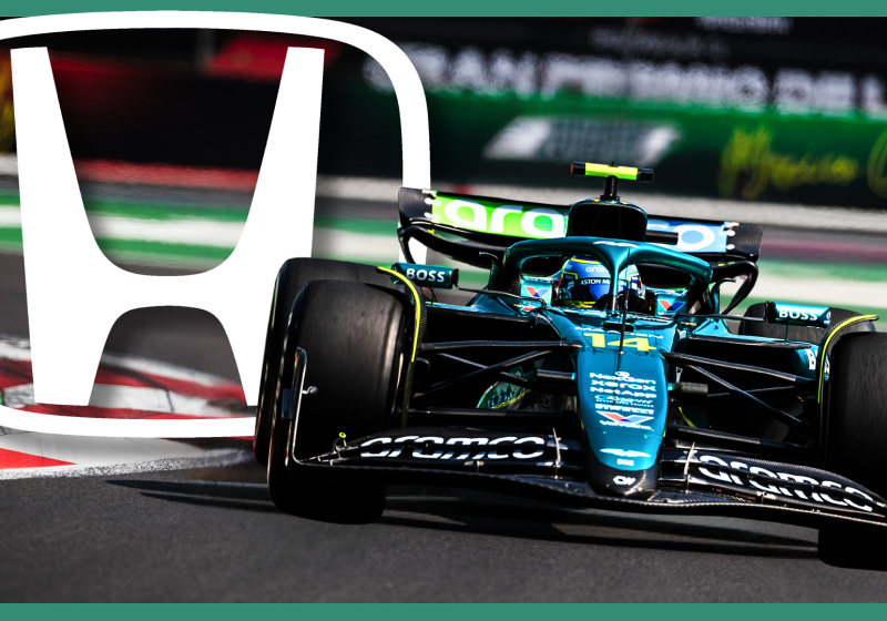 Alonso's Aston Martin F1 car on track with a green outline border around the image and the Honda logo edited on top