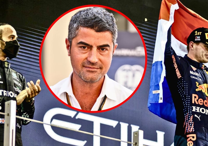 Michael Masi (inset) watches on as Max Verstappen celebrates his F1 title in 2021