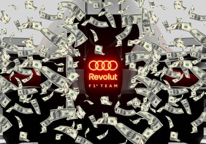 An Audi F1 logo is shown surrounded by dollar bills