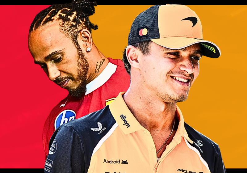 Lewis Hamilton looks deflated while Lando Norris looks smug