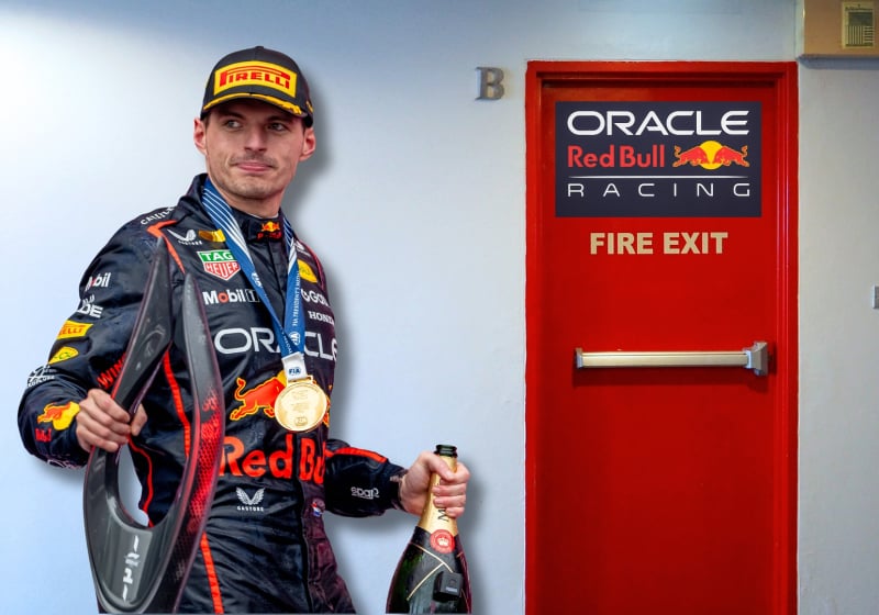 Max Verstappen heads for a fire exit with a Red Bull logo in a fictional picture
