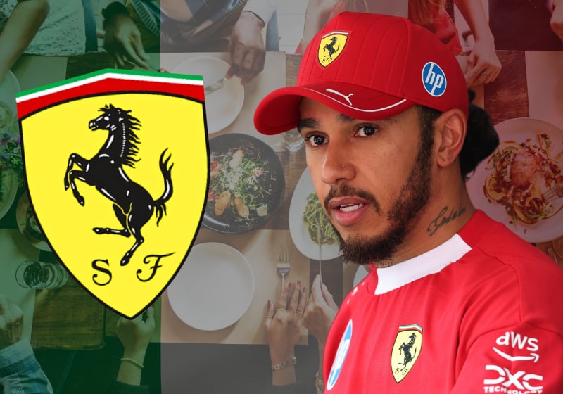 Lewis Hamilton is pictured with a Ferrari logo with a background of a dinner table in Italian flag colours