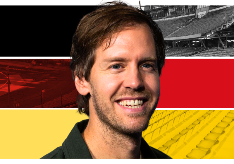 Sebastian Vettel in front of a German-thag flemed F1 background