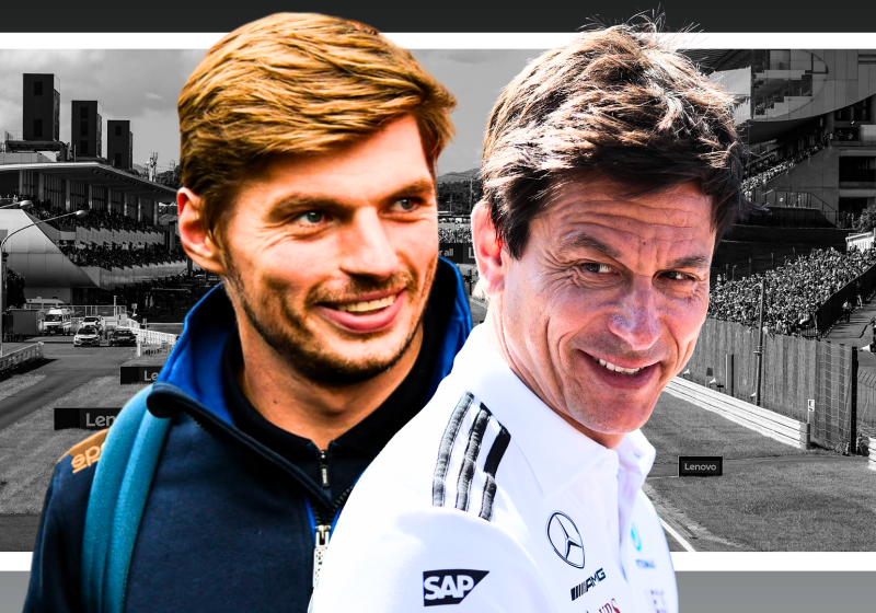 Max Verstappen looks at Toto Wolff in a composite picture