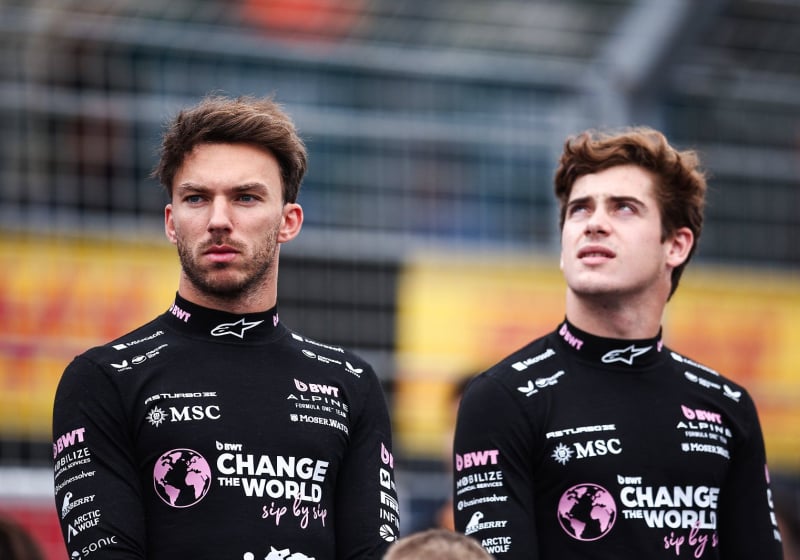 Franco Colapinto is pictured with Pierre Gasly at Alpine