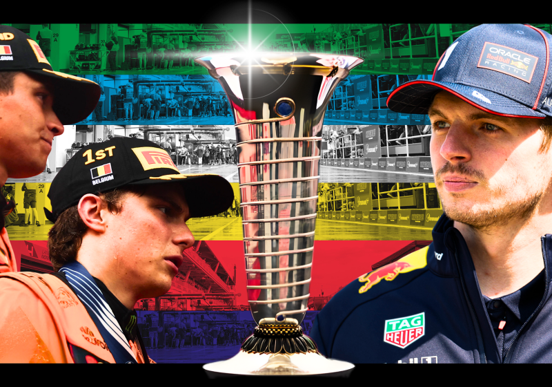 Lando Norris, Oscar Piastri and Max Verstappen look at the F1 trophy in a composite
