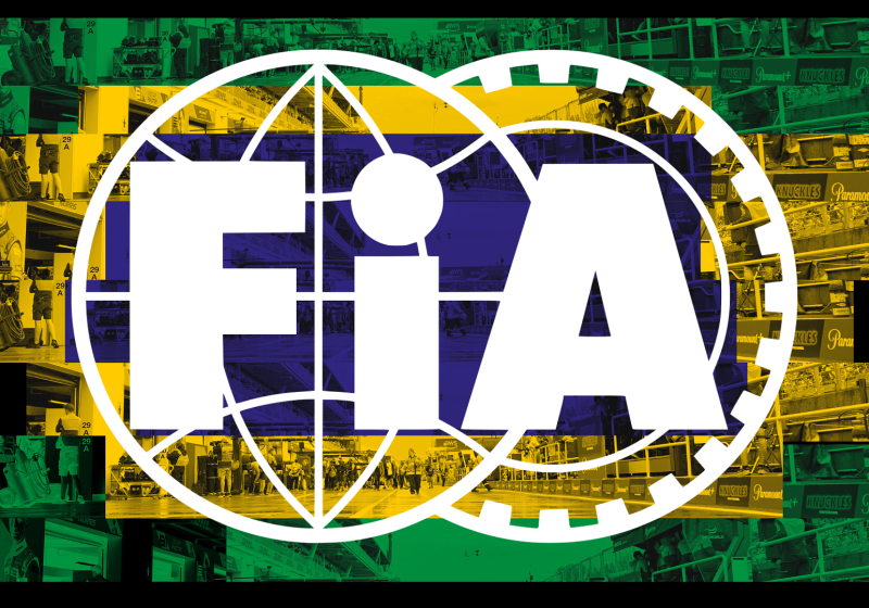A transparent FIA logo with transparent filter edited over a Brazilian flag-themed background