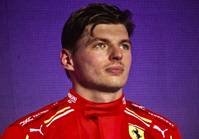 Thumbnail with Verstappen wearing a Ferrari suit