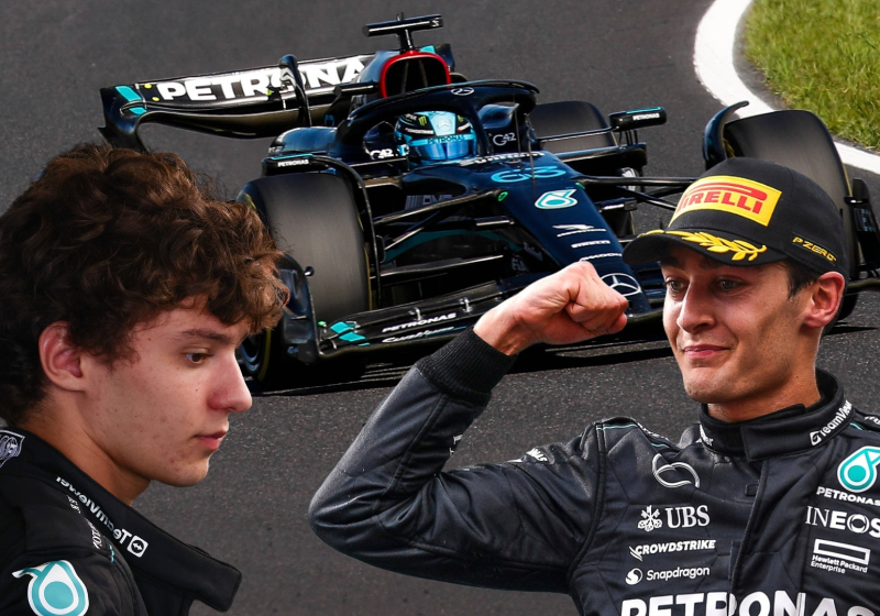 George Russell celebrates in front of his Mercedes F1 car while Kimi Antonelli looks on forlornly