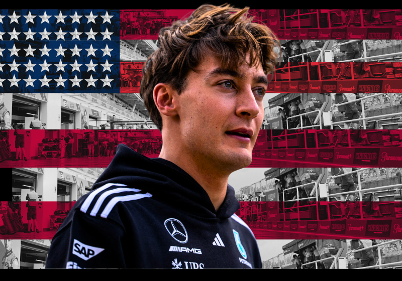George Russell's determined profile edited over a United States flag