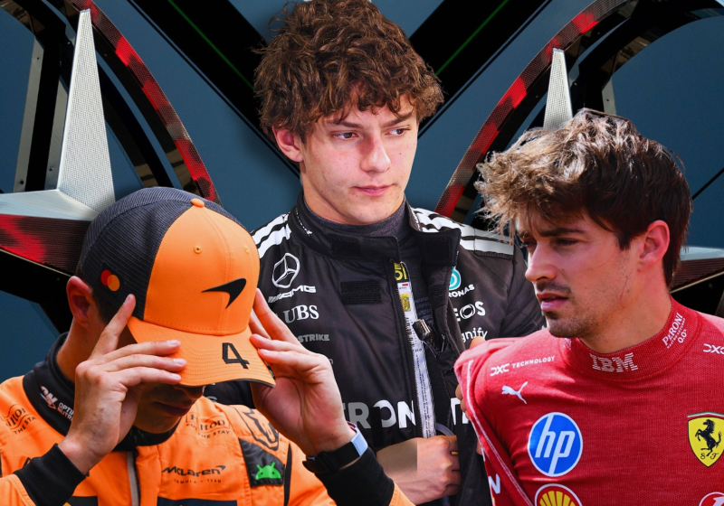 A Mercedes logo background with Norris, Antonelli and Leclerc edited in front of it